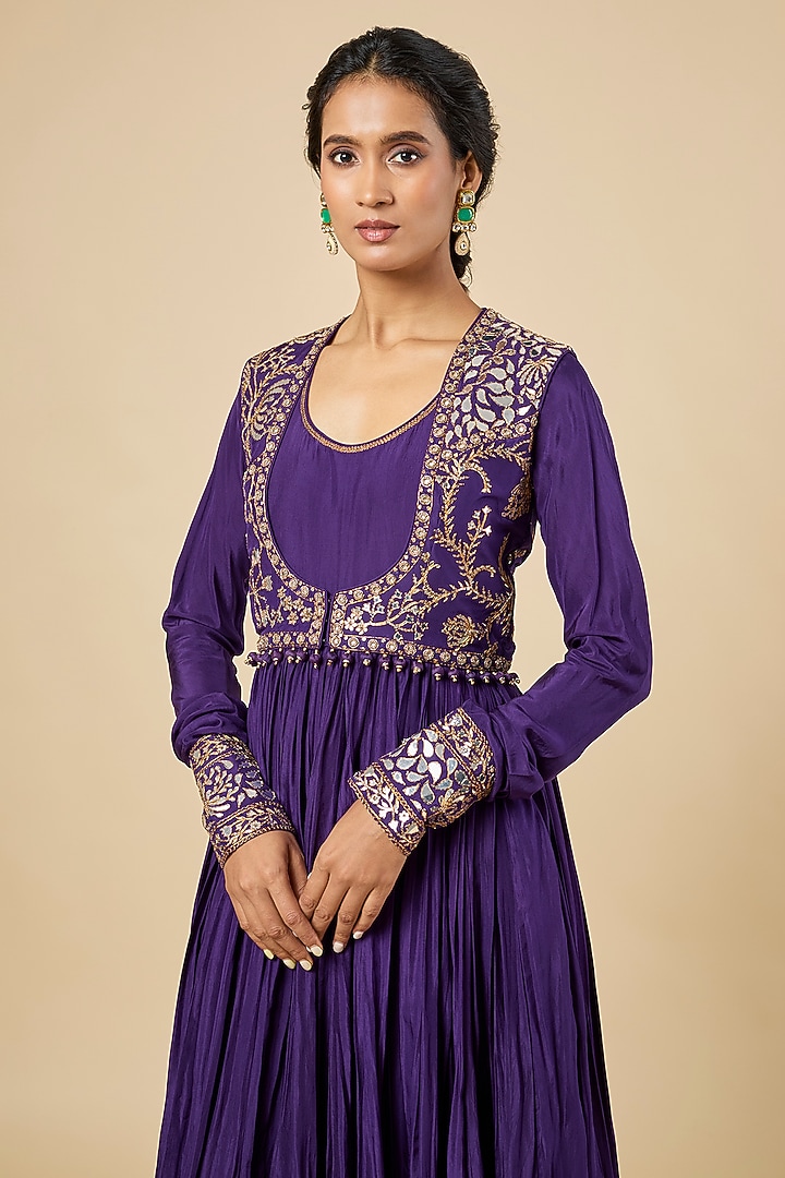 Baingan Purple Crushed Silk Wedding Anarkali With Koti by Punit Balana at Pernia's Pop Up Shop