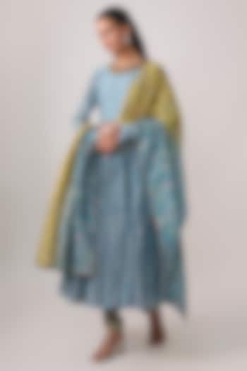 Mist Blue Silk Chanderi Resham Embroidered Wedding Anarkali Set by Punit Balana at Pernia's Pop Up Shop