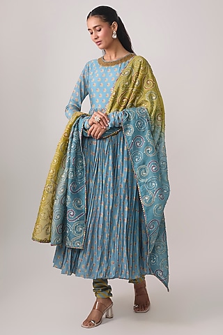 Mist Blue Silk Chanderi Resham Embroidered Anarkali Set by Punit Balana