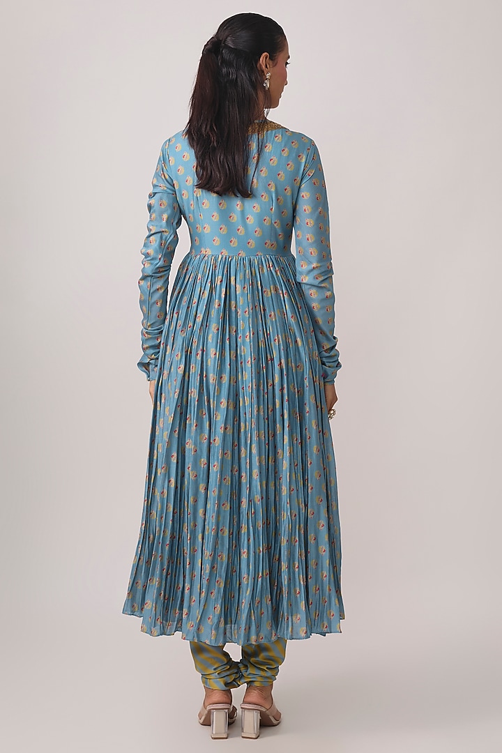 Mist Blue Silk Chanderi Resham Embroidered Wedding Anarkali Set by Punit Balana at Pernia's Pop Up Shop
