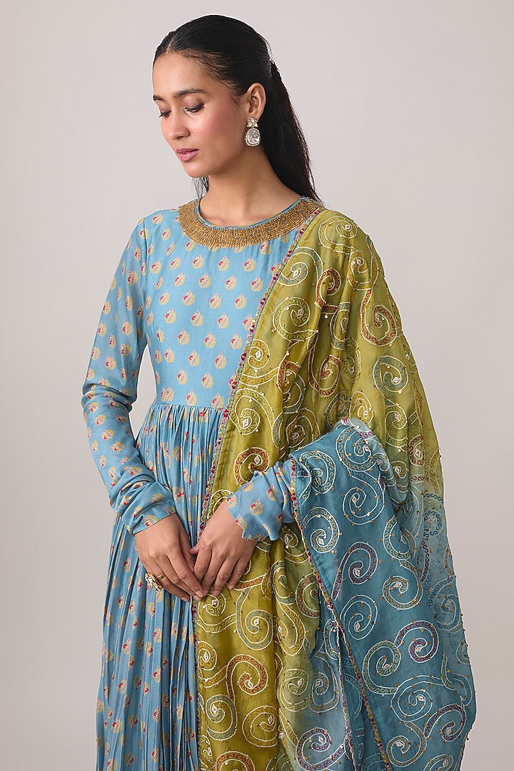 Mist Blue Silk Chanderi Resham Embroidered Wedding Anarkali Set by Punit Balana at Pernia's Pop Up Shop