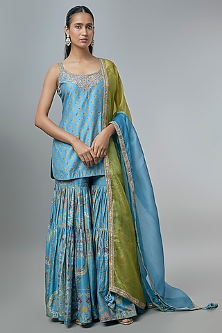 Mist Blue Silk Chanderi Gharara Set by Punit Balana