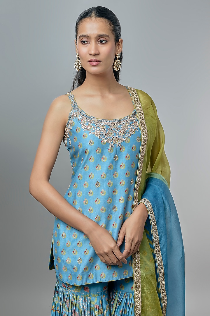 Mist Blue Silk Chanderi Gharara Set by Punit Balana at Pernia's Pop Up Shop