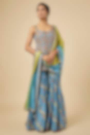 Blue Silk Chanderi Gharara Set by Punit Balana at Pernia's Pop Up Shop