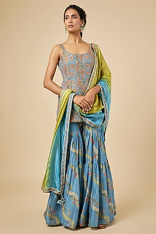 Blue Silk Chanderi Gharara Set by Punit Balana