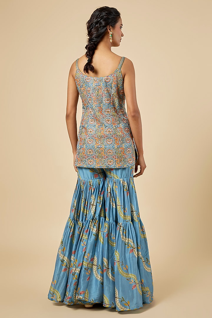 Blue Silk Chanderi Gharara Set by Punit Balana at Pernia's Pop Up Shop
