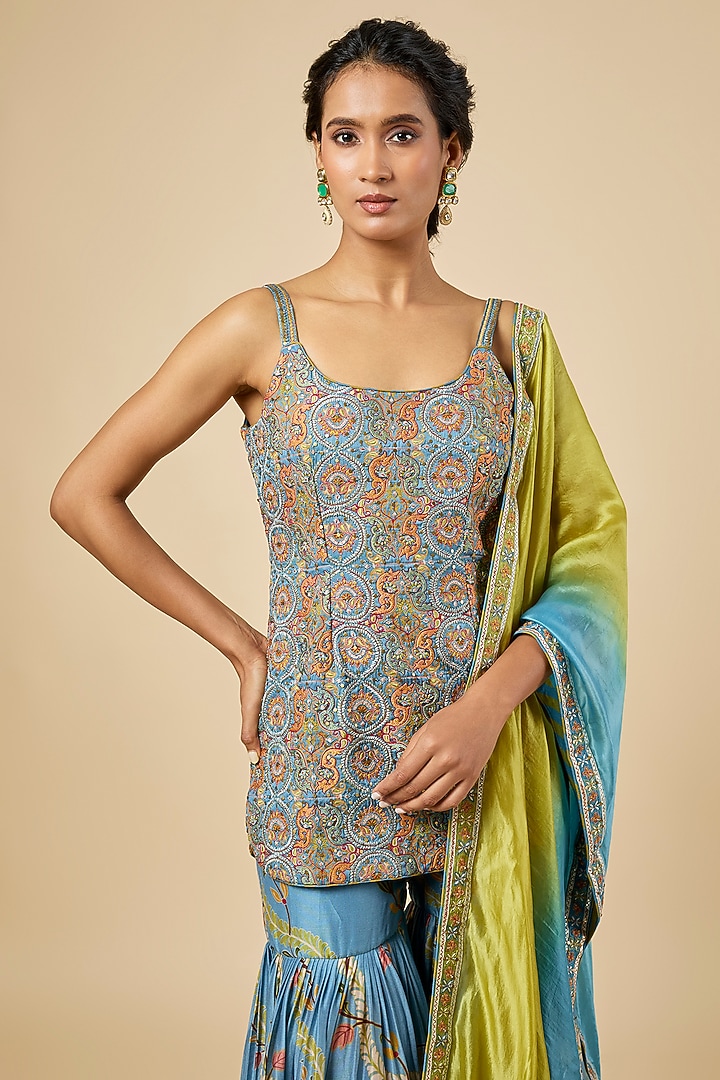 Blue Silk Chanderi Gharara Set by Punit Balana at Pernia's Pop Up Shop