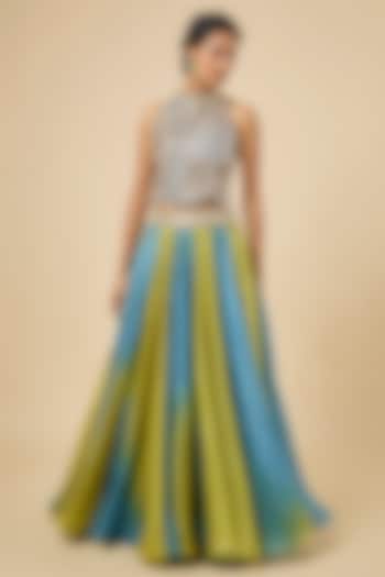 Blue & Yellow Ombre Organza Wedding Lehenga Set by Punit Balana at Pernia's Pop Up Shop