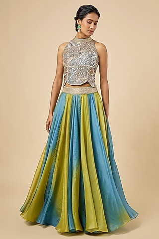 Blue & Yellow Ombre Organza Lehenga Set by Punit Balana