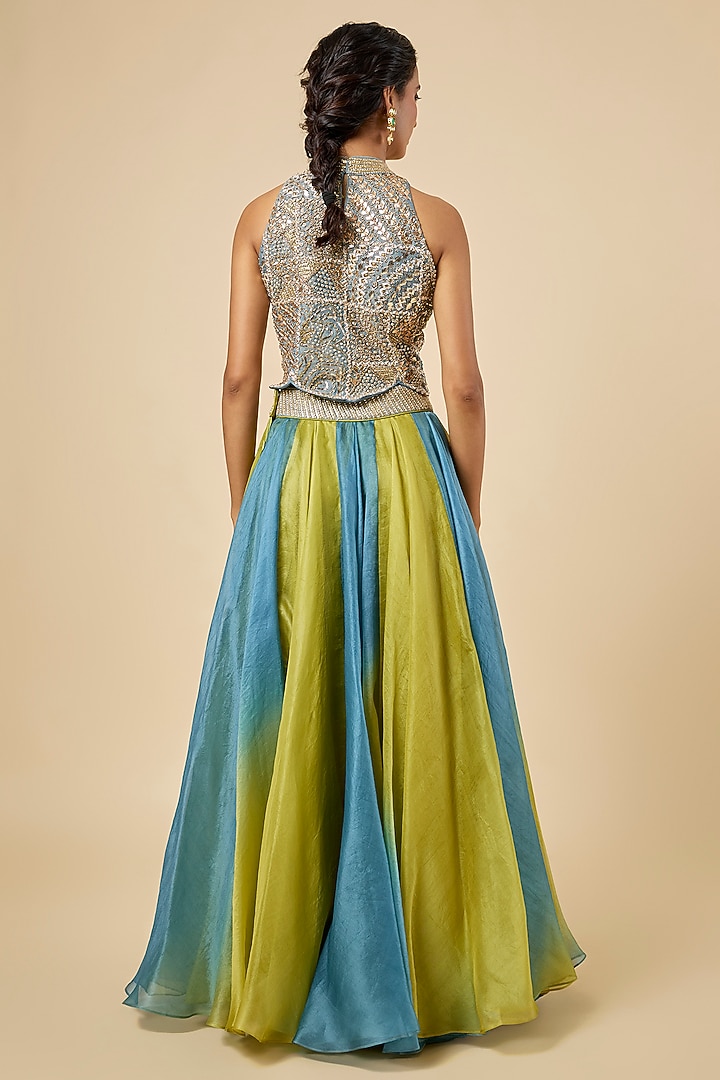 Blue & Yellow Ombre Organza Wedding Lehenga Set by Punit Balana at Pernia's Pop Up Shop