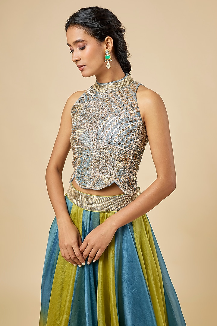 Blue & Yellow Ombre Organza Wedding Lehenga Set by Punit Balana at Pernia's Pop Up Shop