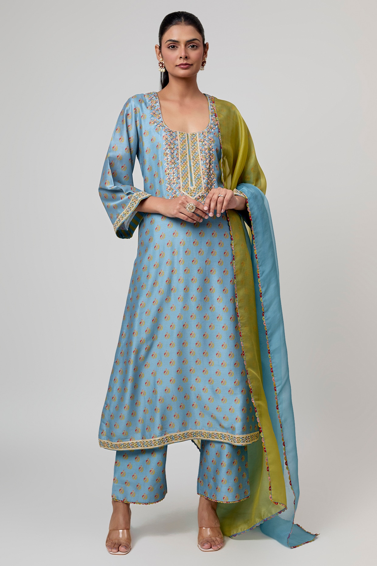 Punit Balana Mist Blue Silk Chanderi Thread Embroidered Kurta Set