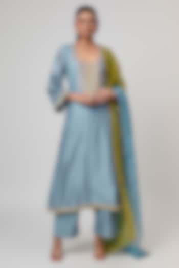 Mist Blue Silk Chanderi Thread Embroidered Kurta Set by Punit Balana at Pernia's Pop Up Shop