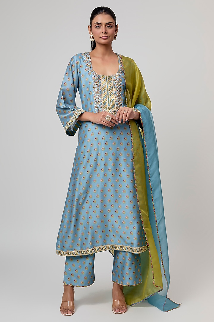 Mist Blue Silk Chanderi Thread Embroidered Kurta Set by Punit Balana at Pernia's Pop Up Shop