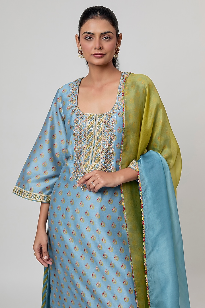 Mist Blue Silk Chanderi Thread Embroidered Kurta Set by Punit Balana at Pernia's Pop Up Shop