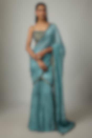 Mist Blue Silk Chanderi Gharara Wedding Saree Set by Punit Balana at Pernia's Pop Up Shop