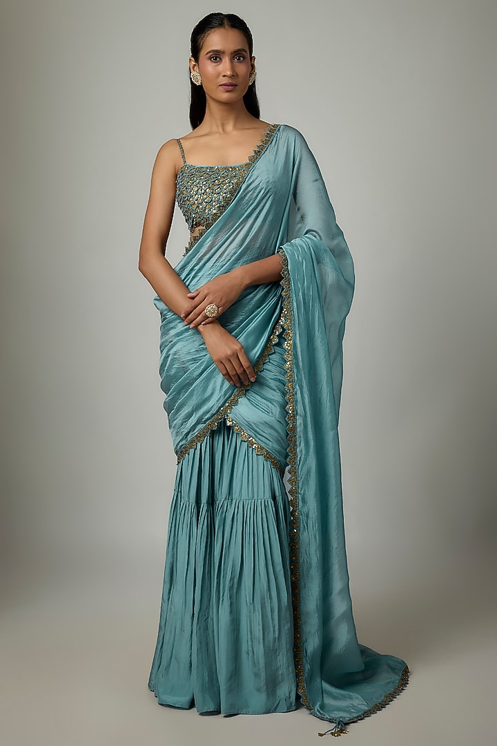 Mist Blue Silk Chanderi Gharara Wedding Saree Set by Punit Balana at Pernia's Pop Up Shop