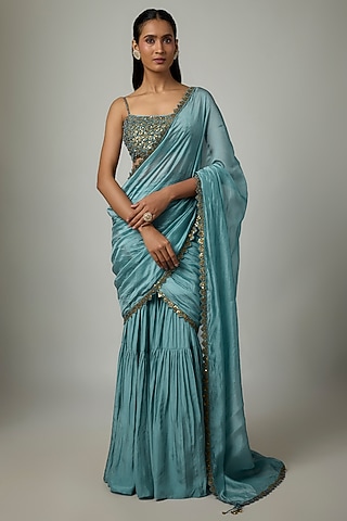 Mist Blue Silk Chanderi Gharara Saree Set by Punit Balana