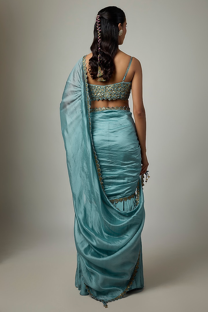 Mist Blue Silk Chanderi Gharara Wedding Saree Set by Punit Balana at Pernia's Pop Up Shop