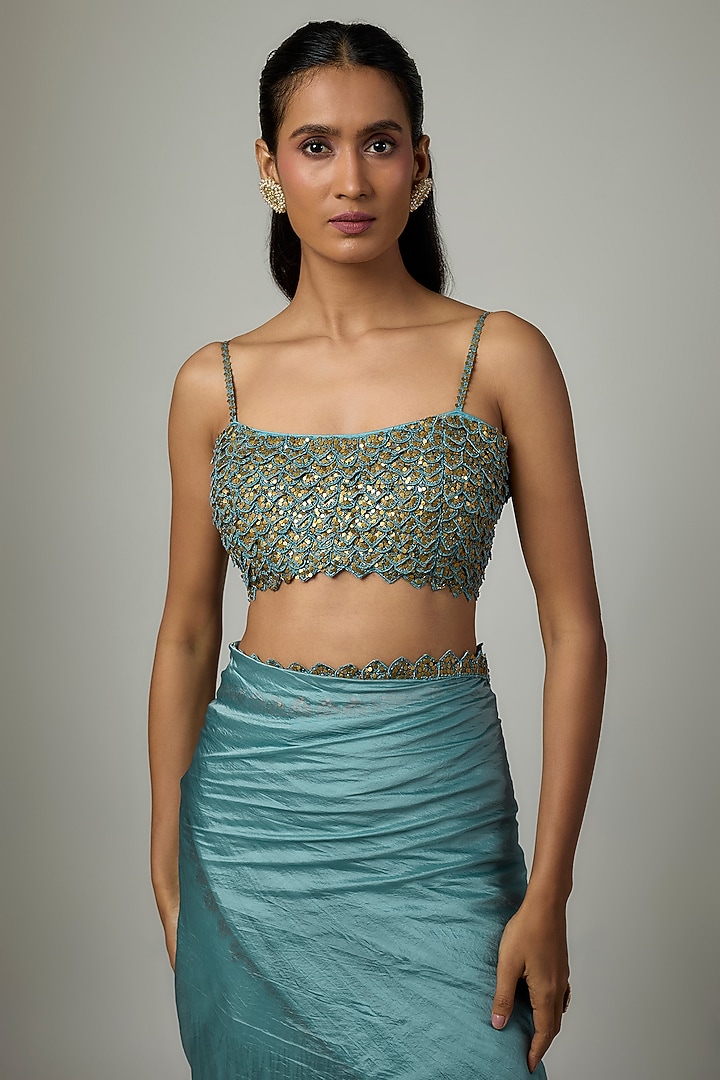 Mist Blue Silk Chanderi Gharara Wedding Saree Set by Punit Balana at Pernia's Pop Up Shop