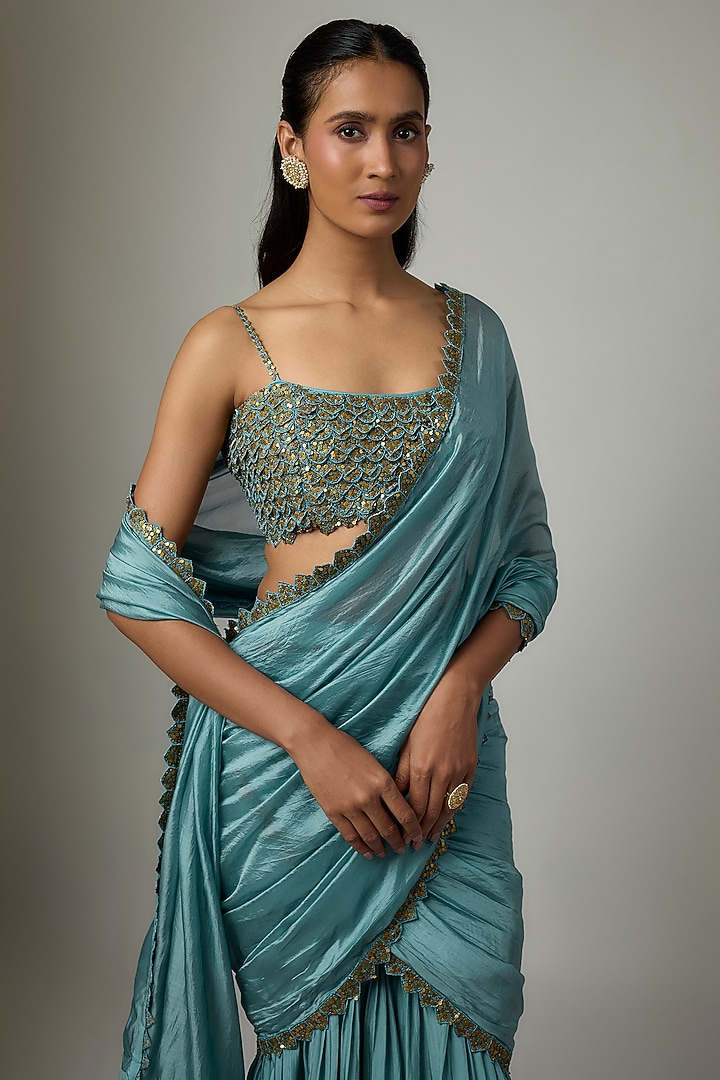 Mist Blue Silk Chanderi Gharara Wedding Saree Set by Punit Balana at Pernia's Pop Up Shop