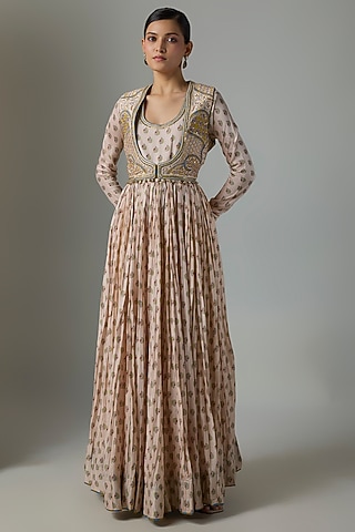 Buttercup Chanderi Silk Resham Embroidered Anarkali Set by Punit Balana