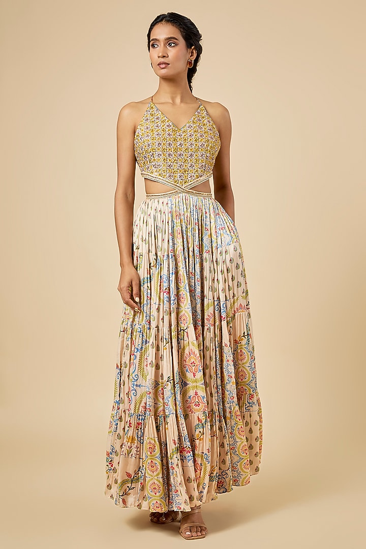Buttercup Satin Silk Printed Maxi Cocktail Dress by Punit Balana at Pernia's Pop Up Shop