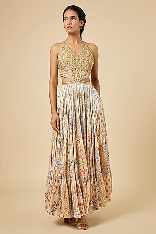 Buttercup Satin Silk Printed Maxi Dress by Punit Balana