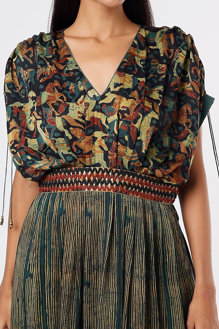 Olive Green Printed Vacation Dress With Belt by Punit Balana at Pernia's Pop Up Shop