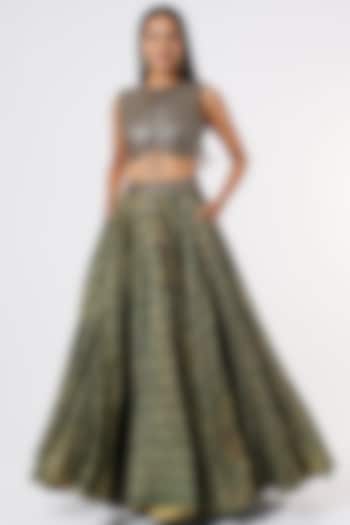 Dark Green Hand Block Printed Skirt Set by Punit Balana