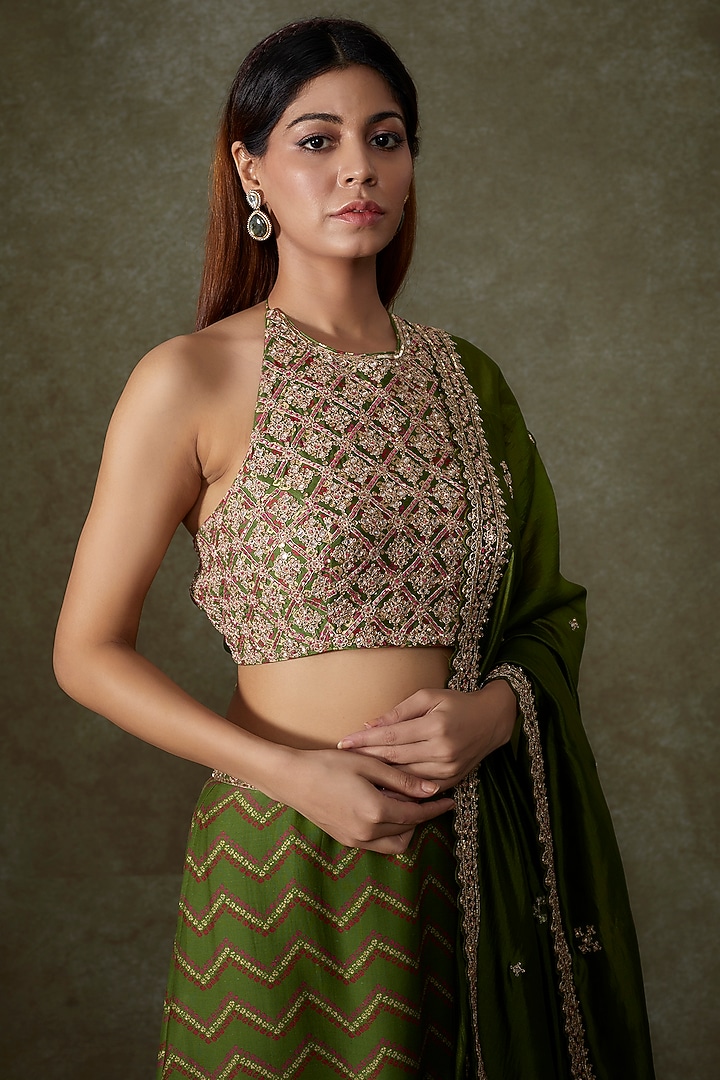 Green Chanderi Silk & Organza Silk Printed Wedding Sharara Set by Punit Balana at Pernia's Pop Up Shop