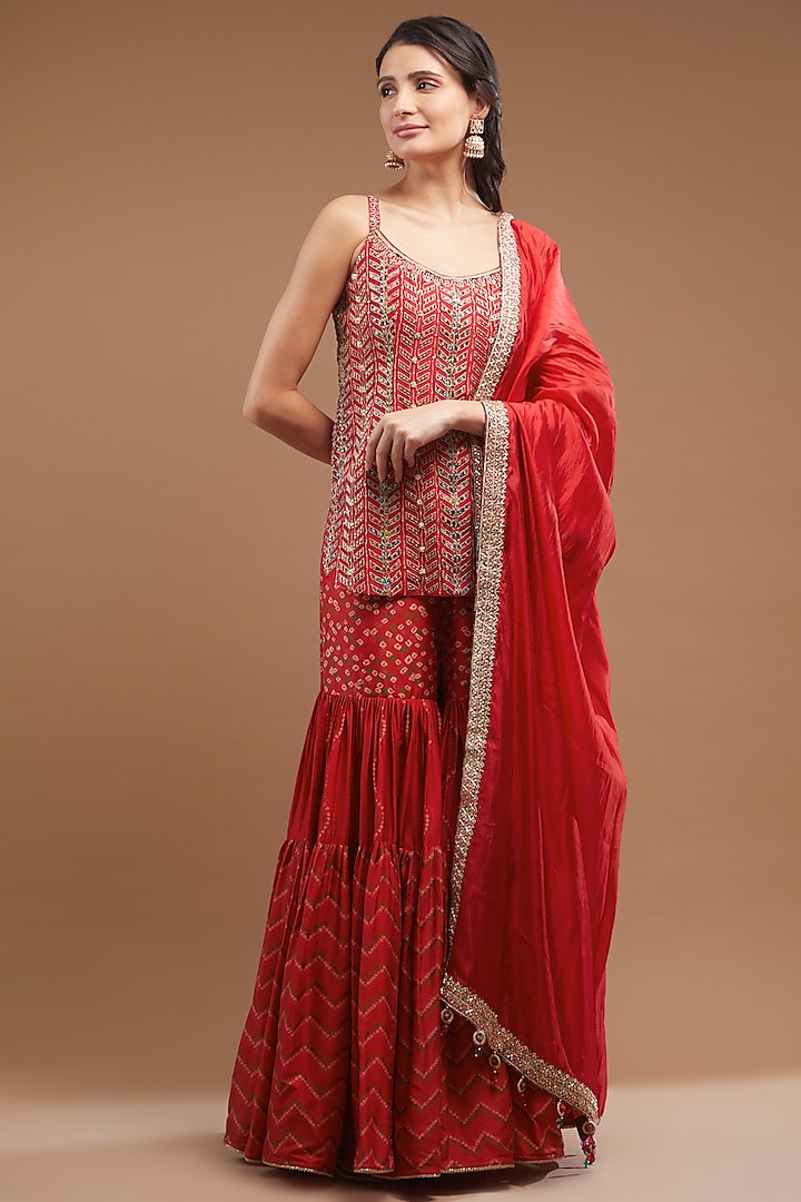 Red Chanderi Silk Printed Gharara Set by Punit Balana
