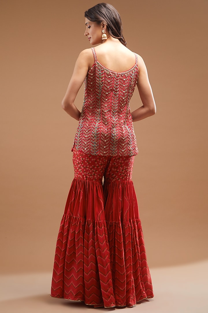 Red Chanderi Silk Printed Gharara Set by Punit Balana at Pernia's Pop Up Shop