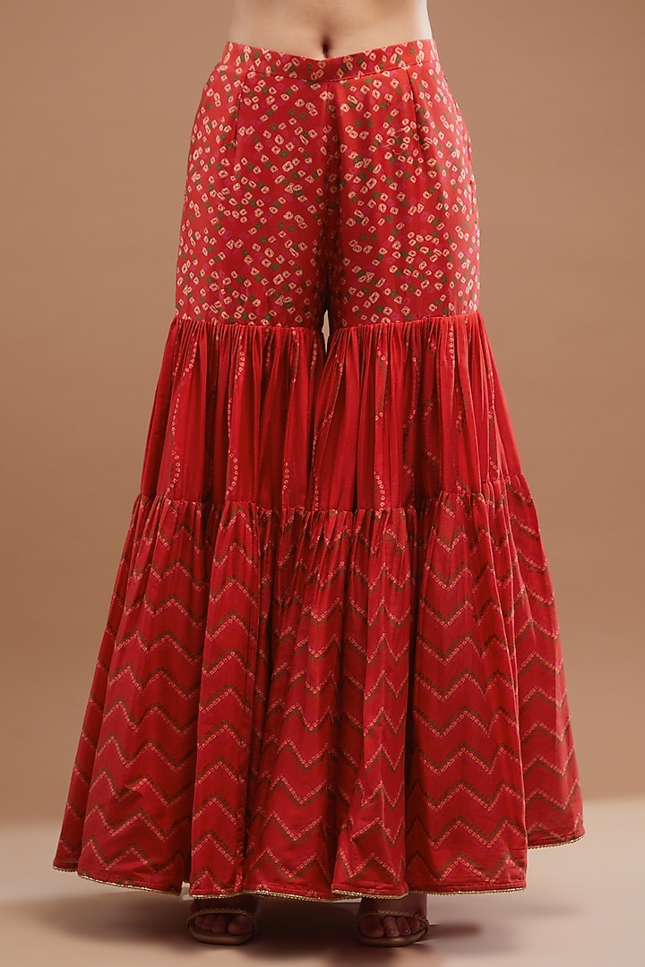 Red Chanderi Silk Printed Gharara Set by Punit Balana at Pernia's Pop Up Shop