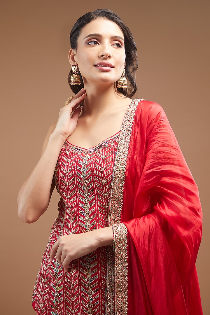 Red Chanderi Silk Printed Gharara Set by Punit Balana at Pernia's Pop Up Shop