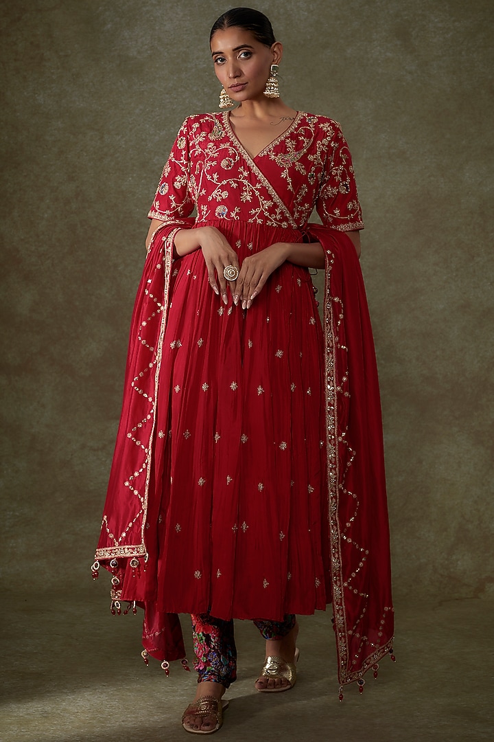 Red Silk & Organza Silk Hand Embroidered Angrakha Set by Punit Balana at Pernia's Pop Up Shop