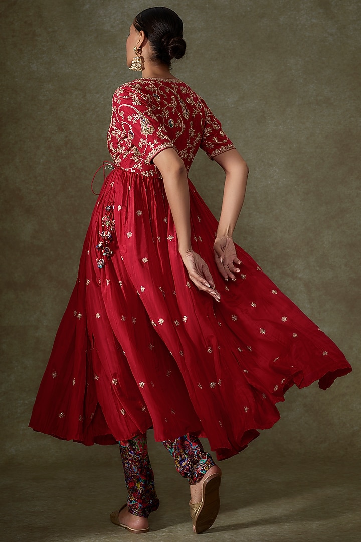 Red Silk & Organza Silk Hand Embroidered Angrakha Set by Punit Balana at Pernia's Pop Up Shop