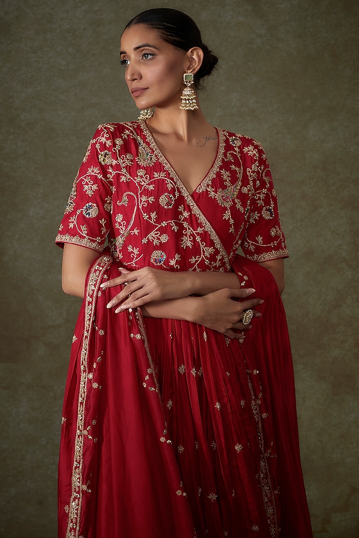 Red Silk & Organza Silk Hand Embroidered Angrakha Set by Punit Balana at Pernia's Pop Up Shop