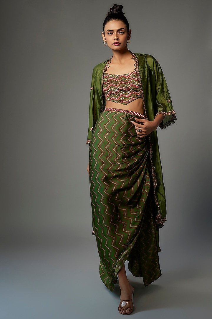 Olive Green Satin Silk Skirt Set by Punit Balana