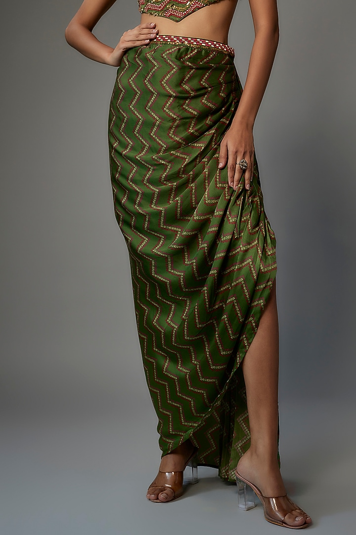 Olive Green Satin Silk Skirt Set by Punit Balana at Pernia's Pop Up Shop
