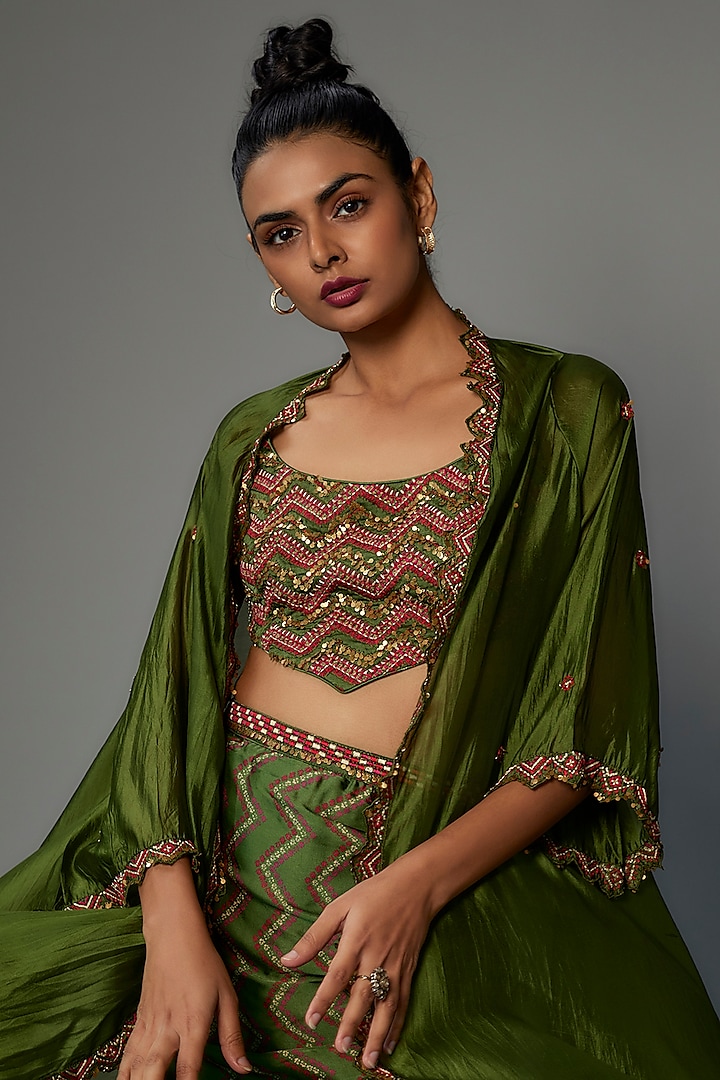 Olive Green Satin Silk Skirt Set by Punit Balana at Pernia's Pop Up Shop