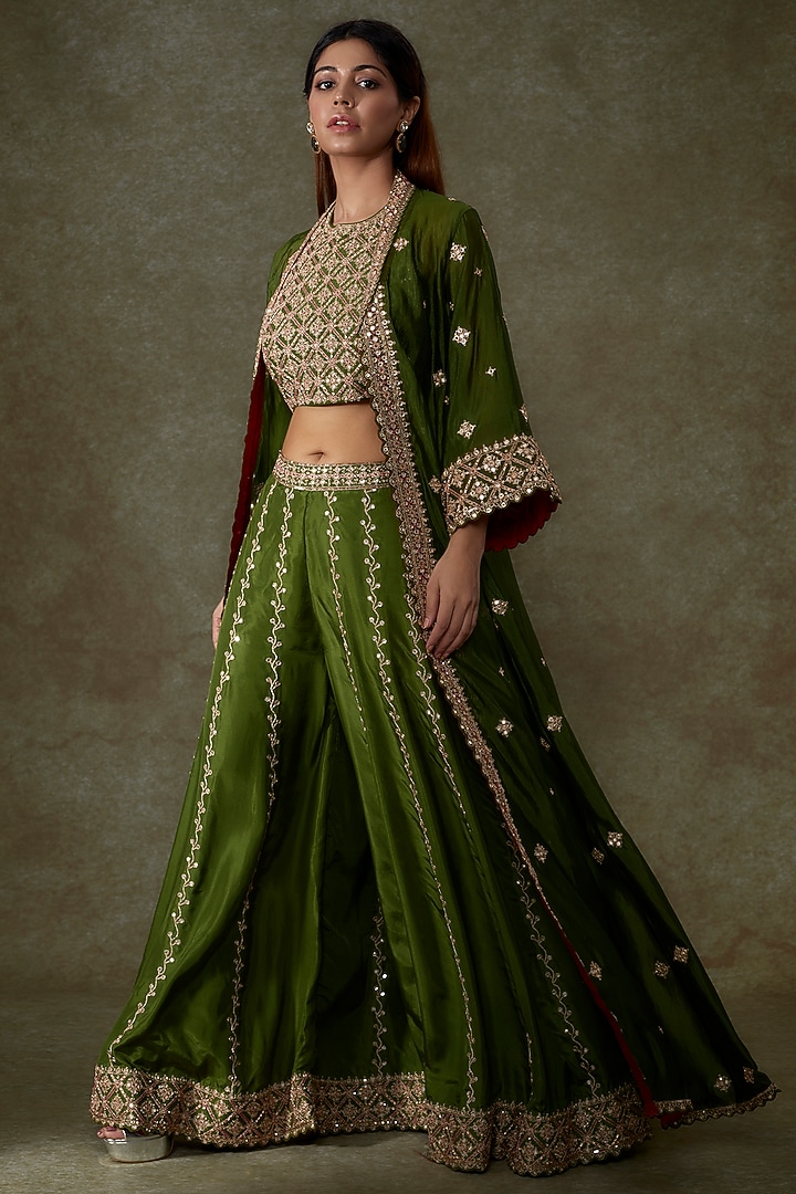 Green Silk & Organza Silk Embroidered Bridal Sharara Set by Punit Balana at Pernia's Pop Up Shop