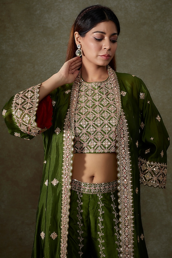 Green Silk & Organza Silk Embroidered Bridal Sharara Set by Punit Balana at Pernia's Pop Up Shop