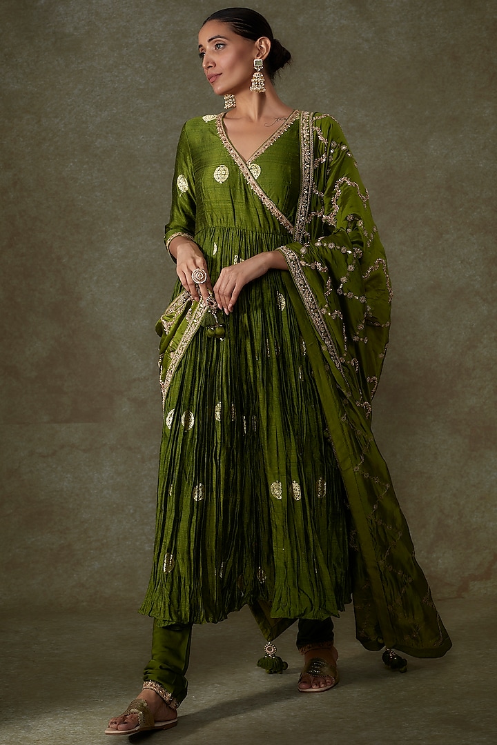 Green Banarasi Raw Silk Embroidered Anarkali Set by Punit Balana