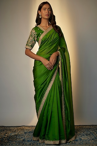 Green Silk Organza Saree Set by Punit Balana
