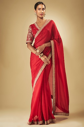 Red Silk Organza Saree Set by Punit Balana
