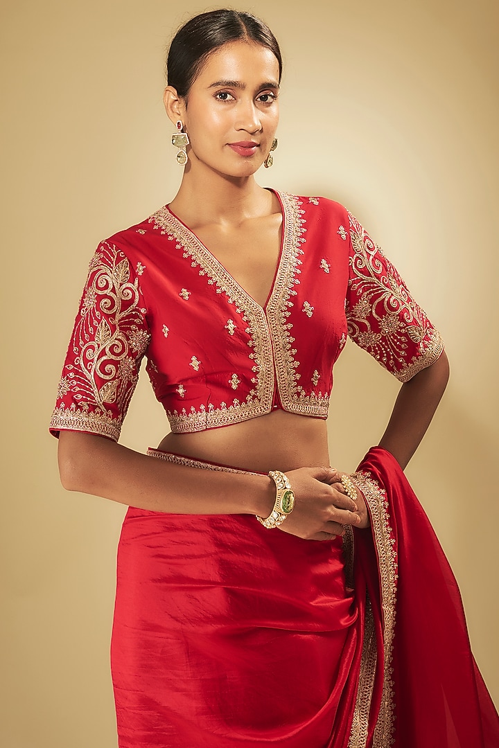 Red Silk Organza Wedding Saree Set by Punit Balana at Pernia's Pop Up Shop