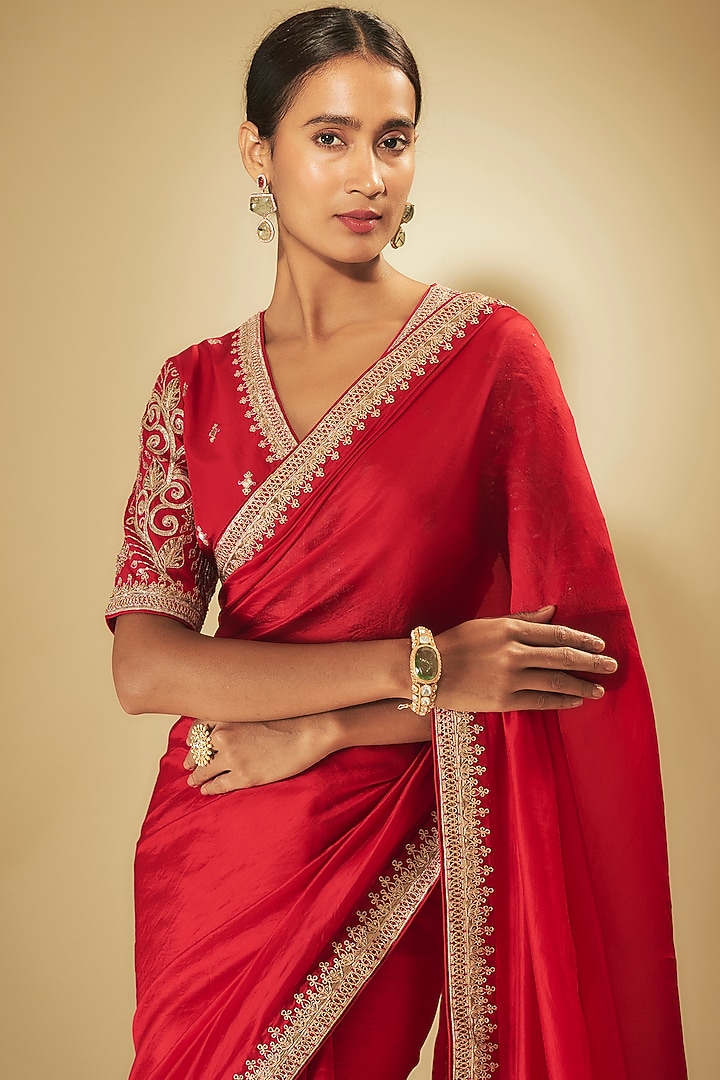 Red Silk Organza Wedding Saree Set by Punit Balana at Pernia's Pop Up Shop