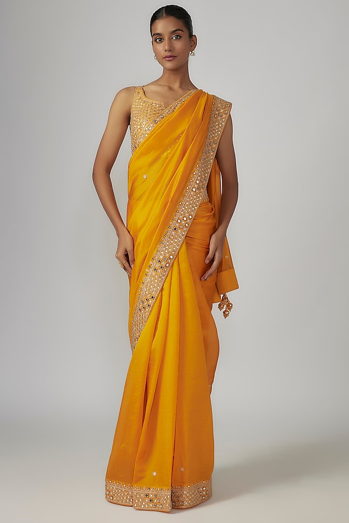 Mustard Silk Organza Marodi & Dabka Work Saree Set by Punit Balana at Pernia's Pop Up Shop