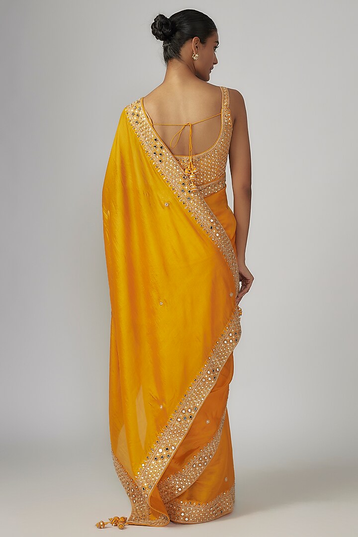 Mustard Silk Organza Marodi & Dabka Work Wedding Saree Set by Punit Balana at Pernia's Pop Up Shop